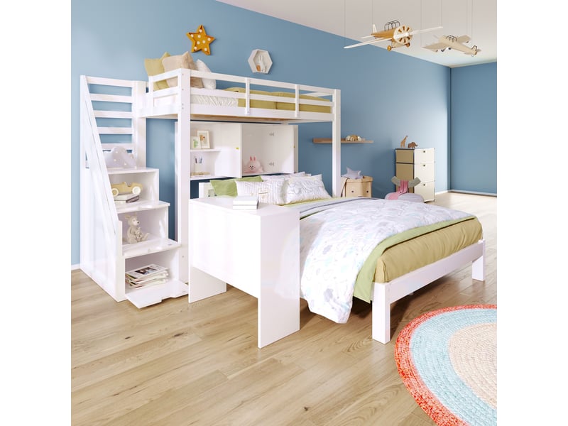  Lit superposé 3 places 90×200 cm et 140×200 cm, escalier rangement  - sans matelas, bois massif mdf blanc  - Conforama B