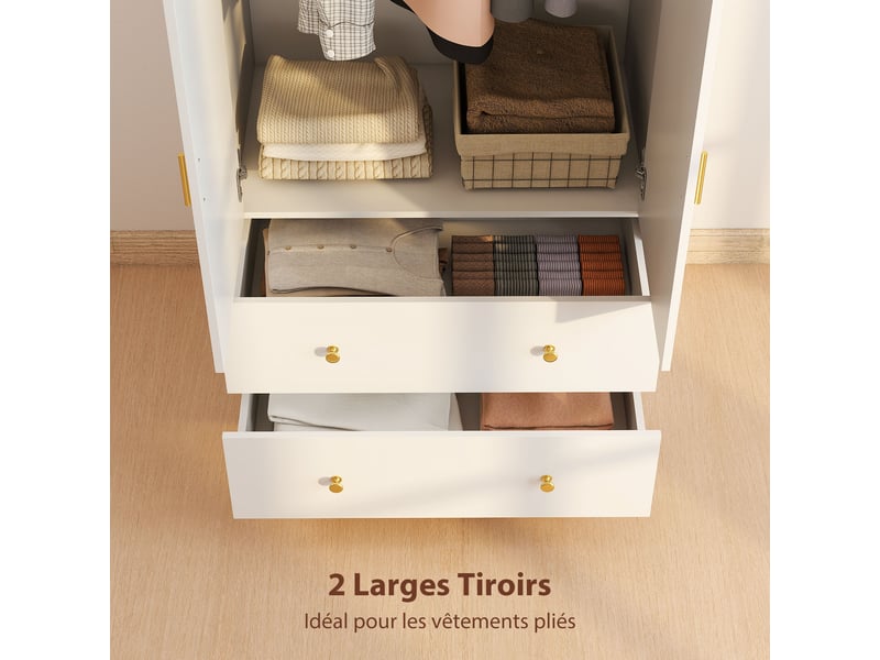  Armoire chambre penderie avec miroir, 2 portes, 80 x 50 x 180 cm, 2 tiroirs et barre de suspension, blanc  - Conforama E