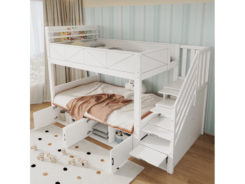  Lit superposé modenvie 90 x 200 cm avec escalier de rangement, rangements fermés, sécurité renforcée, blanc  - Conforama E