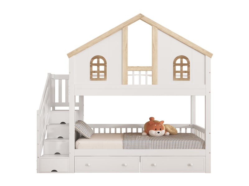  Lit superposé enfant 90x200 cm en forme de maison avec escalier de rangement, blanc et naturel  - Conforama A