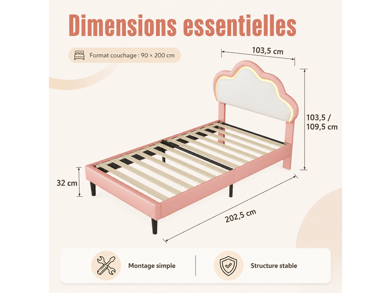Lit enfant fille 90x200 avec éclairage led rgb , lit princesse avec tête de lit nuage réglable, sommier à lattes, 1 place, lit enfant fille 90x200 cm avec lumière led, lit princesse avec tête de lit nuage réglable, lit rembourré… - Conforama R