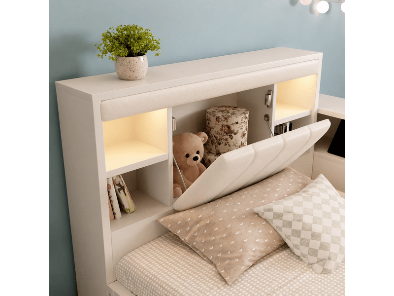  Canapé-lit 90x200 cm avec lit gigogne, sommier à lattes, tête de lit pu, lampes de lecture, usb, cadre en bois - blanc (sans matelas)  - Conforama E