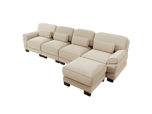 Canapé d'angle modulable - 4 places - forme l - 1 ottoman - assise profonde - velours côtelé - mobilier de salon - beige