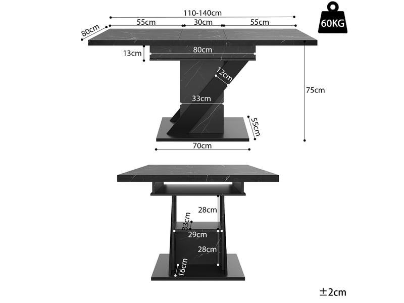 Table de repas extensible 110-140x80x75cm, format gain de place, plateau aspect marbré en panneau mdf, piètement métallique noir - Conforama C