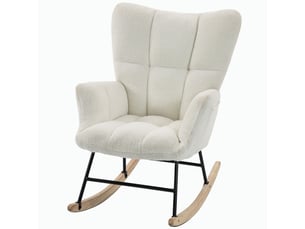 Fauteuil à bascule à dossier haut, recouvert de velours teddy couleur crème