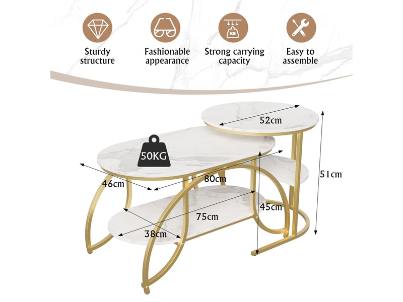  Table basse à imitation marbre blanc, pieds métalliques dorés, étage de rangement, style moderne pour salon  - Conforama C