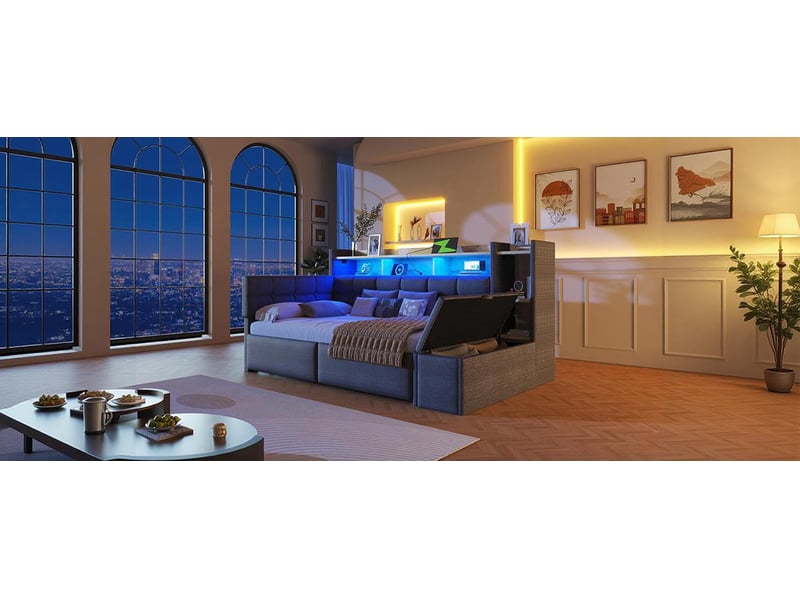 Lit banquette 90x190 cm, 2 tiroirs et led, en tissu, gris foncé, sans matelas  - Conforama D
