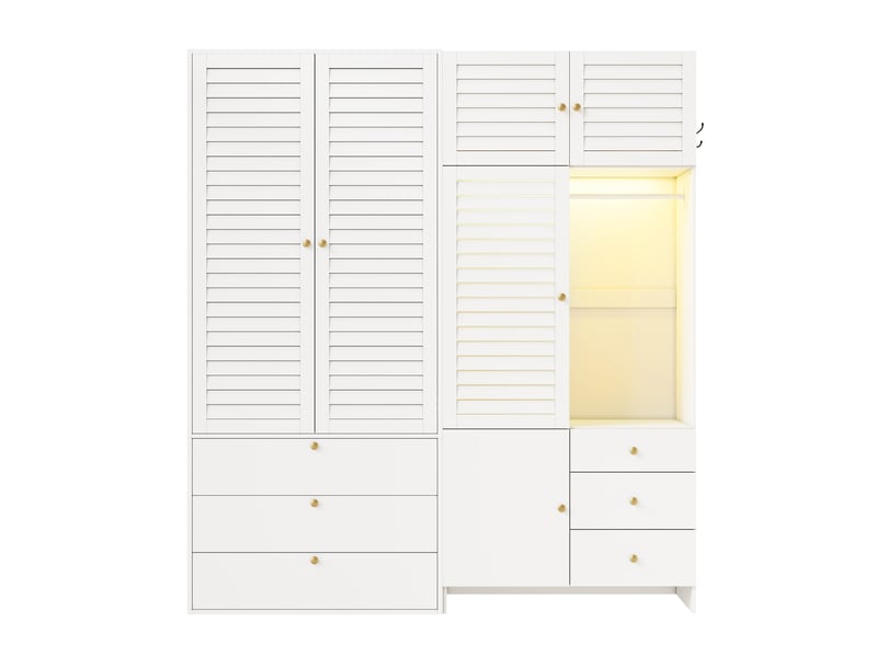  Armoire dressing 180 x 50 x 200 cm – blanche – portes battantes, 6 tiroirs, panier amovible et éclairage led  - Conforama D