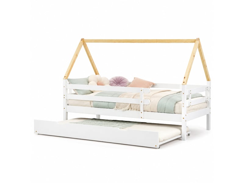  Lit cabane enfant 90x200 cm avec lit gigogne 90x190 cm à roulettes, blanc naturel  - Conforama A