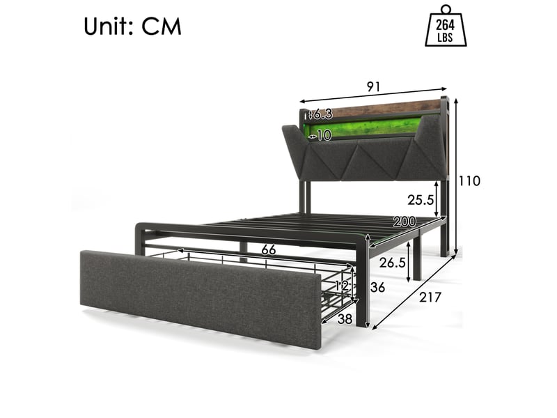  Lit avec tiroirs 90 × 200 cm 1 place, rangement, usb-c, led réglable et matelas inclus, tissu gris  - Conforama D