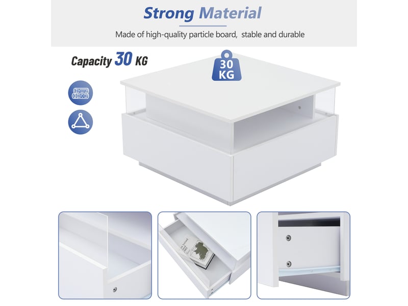  Table basse led blanche brillante 70x70 cm, 2 tiroirs avec vitrine – salon moderne  - Conforama D