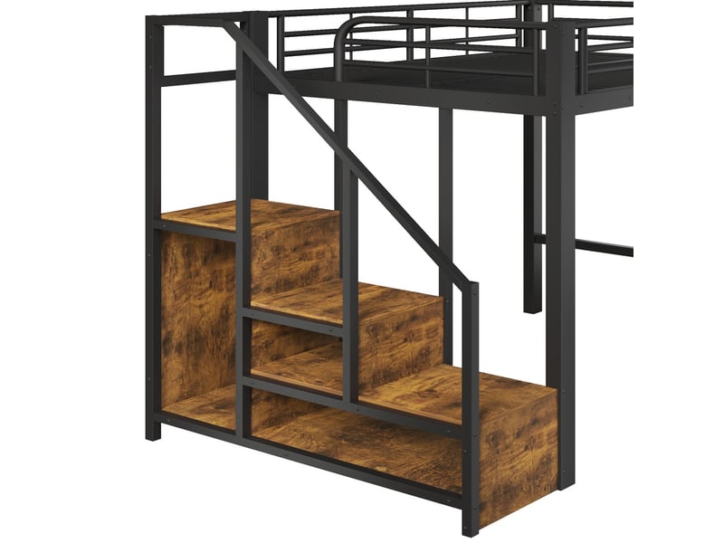  Lit mezzanine métal 140x200 cm noir tiroirs tringle vêtements garde-corps escalier rangement sans matelas  - Conforama E