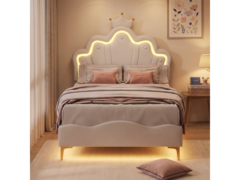  Lit simple 90x190 cm, lit enfant avec rgb led et tête de lit couronne réglable, lit capitonné avec sommier, blanc  - Conforama B