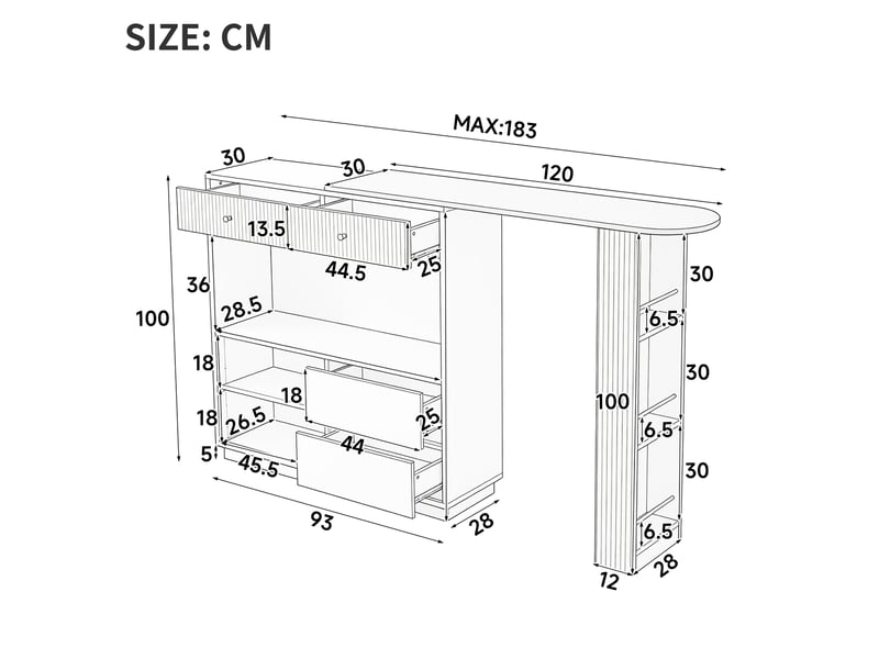 Table bar extensible pivotante avec rangement led 120x30x100 cm noire - Conforama C