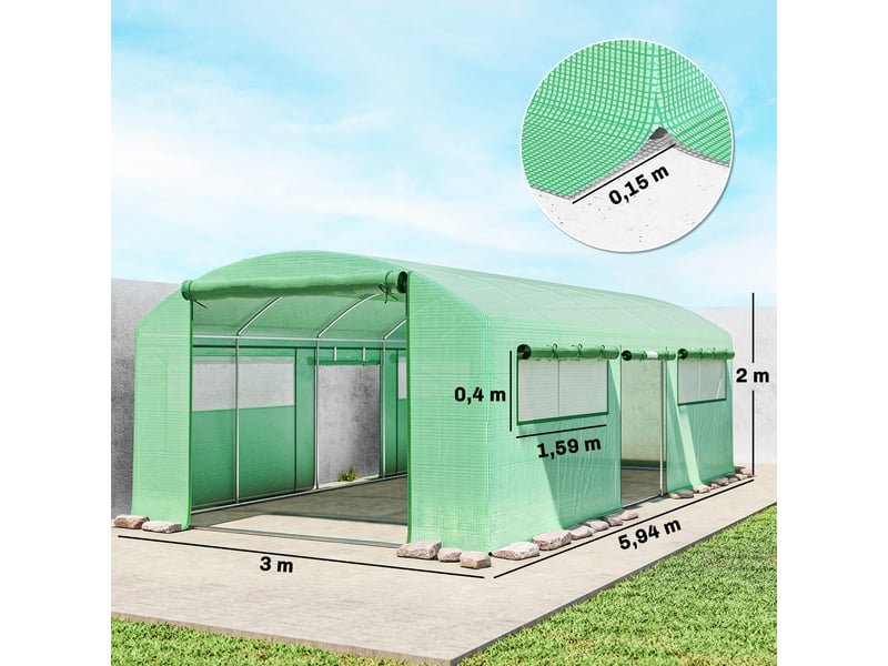  Serre tunnel de 6 x 3 x 2 m avec 3 portes sectionnelles, 6 fenêtres grillagées et structure en acier galvanisé vert  - Conforama E