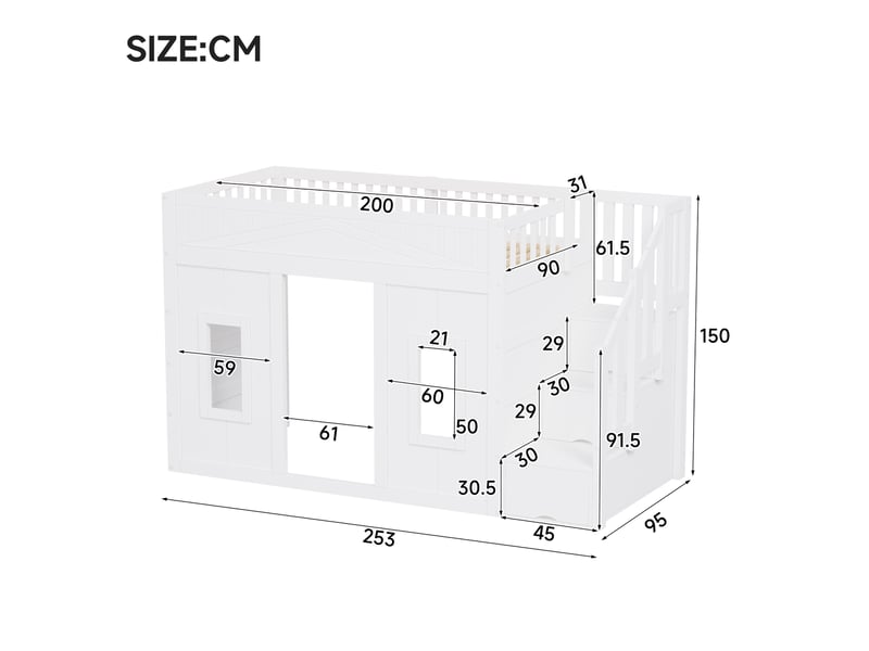  Lit mezzanine - 90x200 cm - escalier avec rangement - rangements intégrés - lit enfant - solution gain de place - pratique - blanc CozyNest - Conforama E
