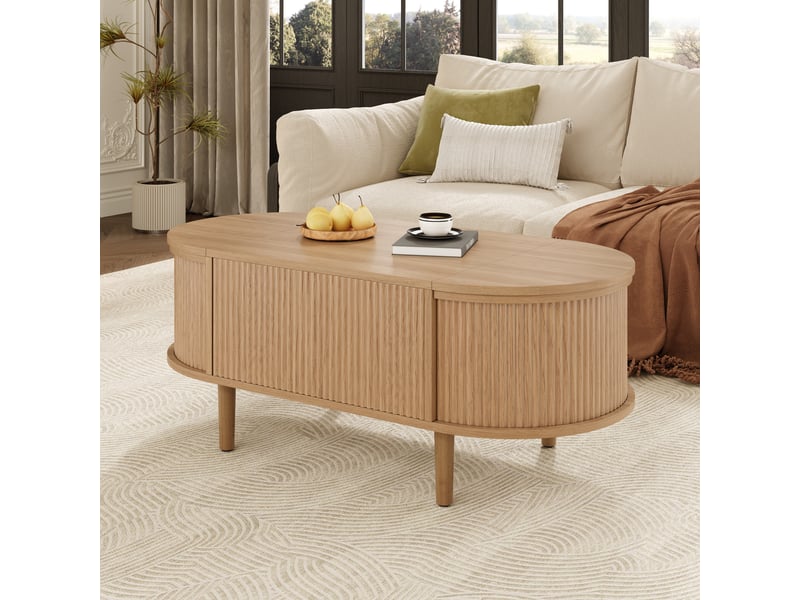 Table basse, à plateau relevable, avec rangement intégré, 100 x 48 x h 40–53,5 cm, bois naturel, structure en mdf, plateau ovale, style vintage Luxe haut de gamme - Conforama E