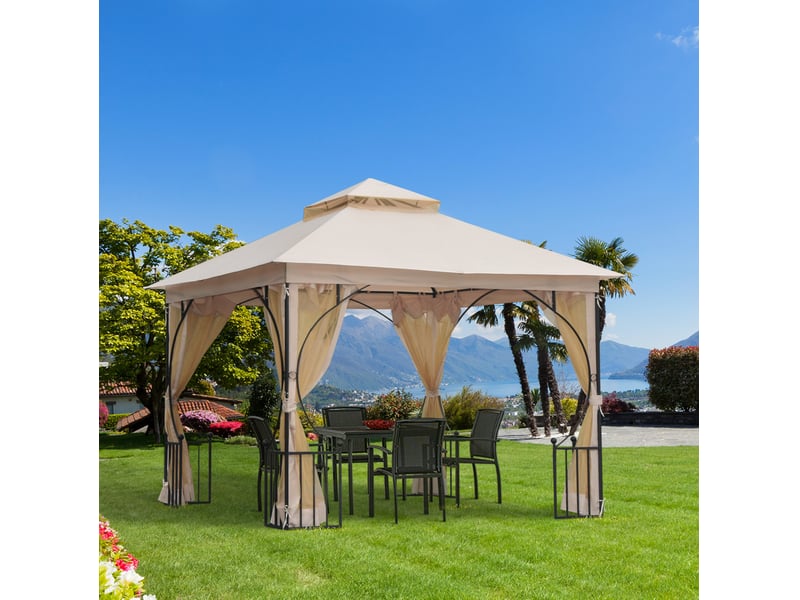  Tonnelle de jardin 295 x 295 x 275 cm beige et noir, double toit avec moustiquaires et évacuation d'eau  - Conforama B