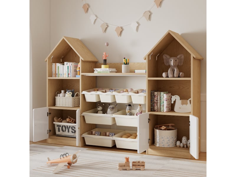  Meuble de rangement enfant - rangements intégrés - organisation des jouets - rangement chambre - hauteur enfant - blanc et naturel CozyNest - Conforama B