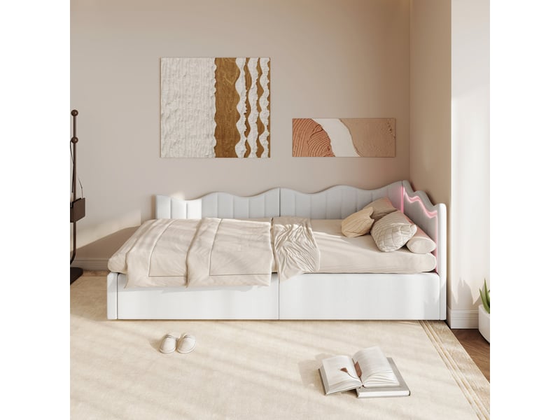 Canapé lit ado 90x200 avec rangement sous lit, lit banquette avec led lit simple avec cadre de lit à lattes et tête de lit rembourrée blanc velours teddy, sans matelas - Conforama R