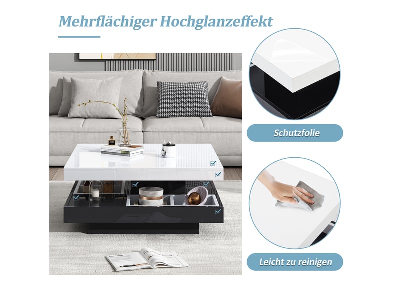  Table basse carrée avec plateau rotatif 360° et niche de rangement, style moderne, pour salon, 70 × 70 × 36 cm  - Conforama E