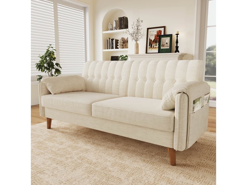  Canapé droit 2 places 161,5x79x83,5 cm, dossier capitonné, ressorts ensachés, poches latérales, pieds en bois massif, chenille beige Radiant Stride - Conforama B