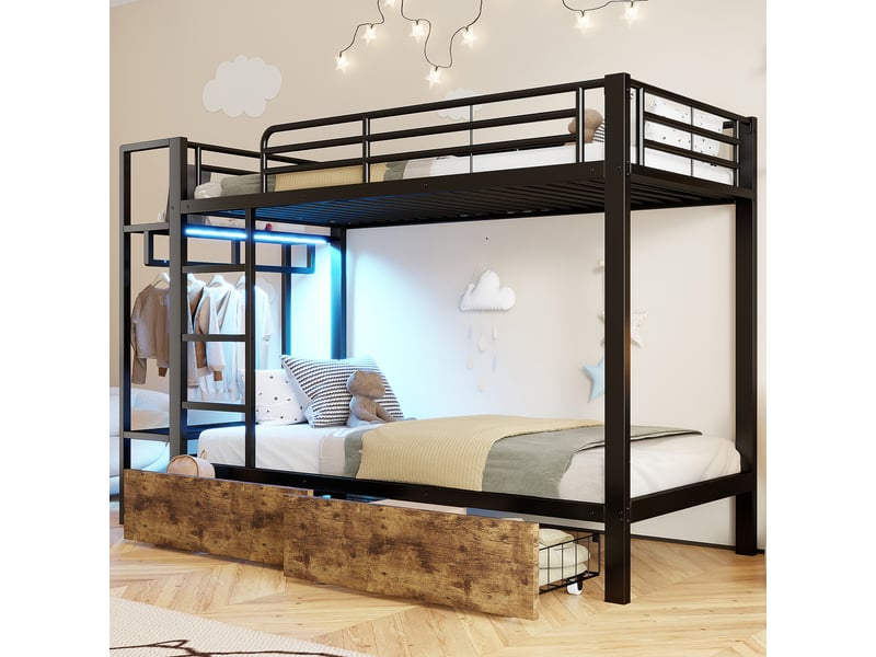 Lit superposé 90x200 cm avec cadre en métal noir, éclairage led intelligent, 2 tiroirs et penderie pour chambre d'enfant  - Conforama W