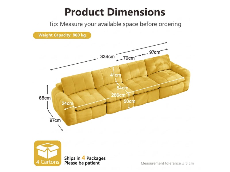 Canapé 4 places, revêtement en tissu chenille, sans assemblage, jaune - Conforama D
