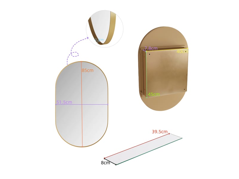  Armoire de toilette miroir ovale 85x51,5x12 cm, 2 tablettes en verre réglables, murale ou encastrée, métal doré  - Conforama C