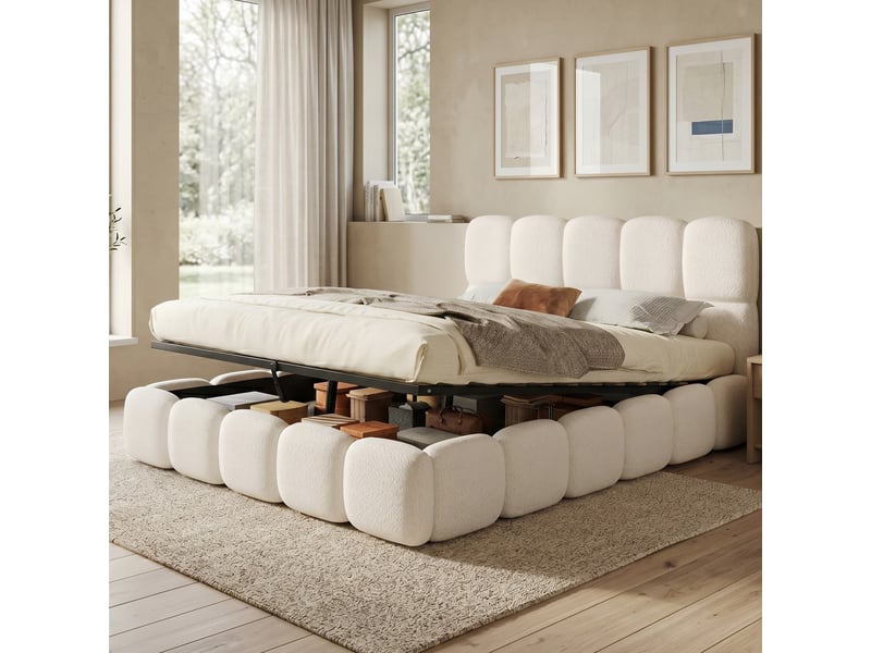  Lit double 160 x 200 cm, sommier à lattes relevable avec vérins hydrauliques, grand rangement, tête rembourrée, tissu bouclé, angles arrondis, blanc Luxe haut de gamme - Conforama D