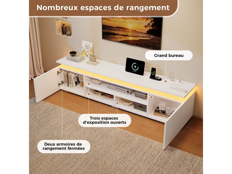  Meuble tv moderne avec led lumineuse, 2 porte et 3 niches ouvertes - armoire tv salon blanc, 180x35x42 cm  - Conforama E