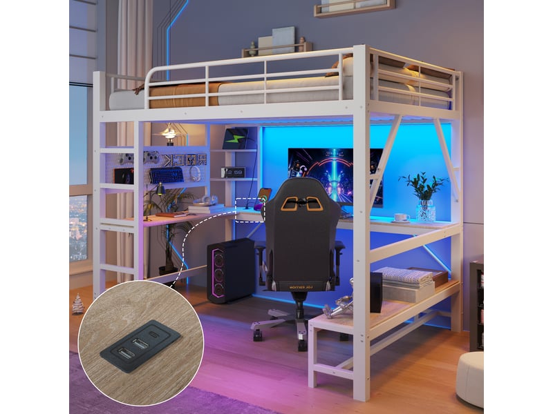  Lit mezzanine enfant 160x200cm en métal avec bureau,usb et led,lit superposé double avec échelle et barrières,sans matelas,blanc  - Conforama B