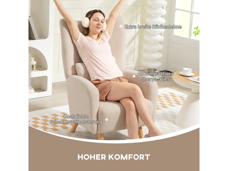  Fauteuil à oreilles en tissu peluche beige 77 x 72 x 106 cm  - Conforama D