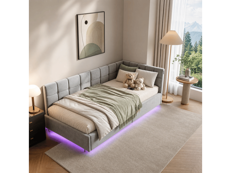  Canapé-lit 90 x 200 cm, lit simple rembourré avec éclairage led et port usb, lit de jour, lit pour adolescent avec rangement hydraulique et sommier à lattes, velours, gris, sans matelas  - Conforama B