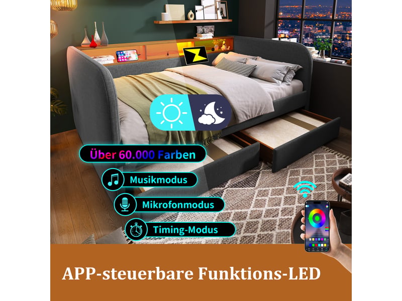  Lit capitonné 140x190 cm en lin gris, lit avec led et usb, tête de lit avec rangement et 2 tiroirs  - Conforama E