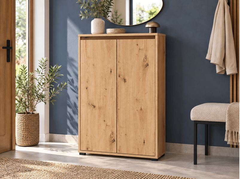  Armoire à chaussures 2 portes avec étagères coloris chêne artisan - longueur 70 x profondeur 34 x hauteur 108,3 cm  - Conforama E