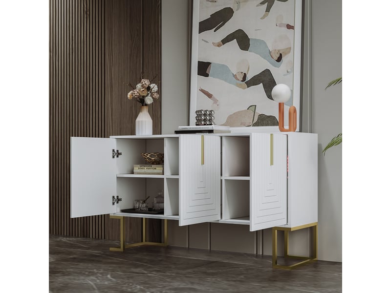 Buffet 3 portes 138 x 40 x 80,5 cm, étagères réglables, façades rainurées, poignées métal, blanc Jamama eleni - Conforama B