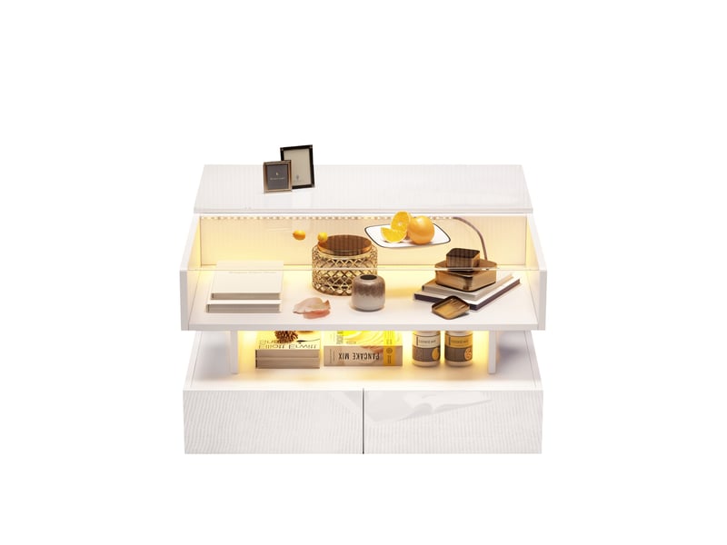  Table basse relevable 80x80x45 cm, 2 tiroirs, led, rangements, verre trempé, panneau de particules, blanc  - Conforama A