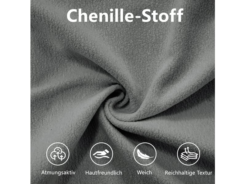  Canapé d’angle modulable 220x145x81 cm, grands accoudoirs et pouf, 2 coussins décoratifs, chenille gris  - Conforama E