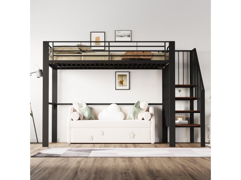  Lit mezzanine 140x200cm coloris noir métal et bois massif lit enfant noir - Conforama D