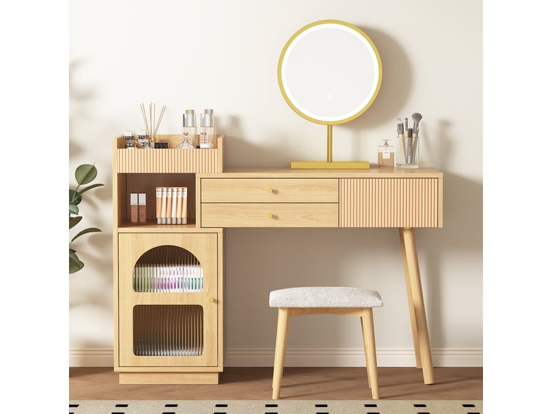  Coiffeuse avec miroir led 120x40x90cm rangement | style moderne effet chêne et verre cannelé | 3 tiroirs charge 50kg - bois naturel  - Conforama D