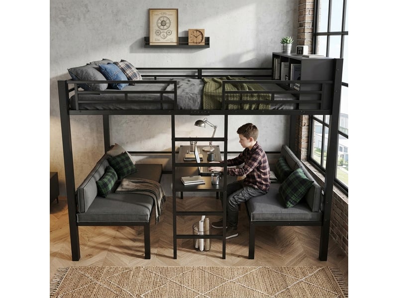 Lit superposé enfant 120x200 cm - avec échelle et compartiment de rangement - avec 2 sièges 60 x 120 cm - noir (matelas et coussin d’assise non inclus) - Conforama D