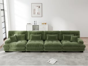 Canapé modulable droit 4 places, chenille vert, assise profonde