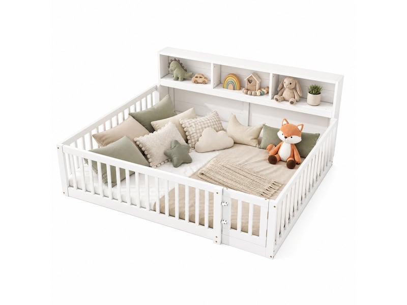  Lit banquette enfant 140x200 cm avec sommier, rangement et barrières, blanc  - Conforama A