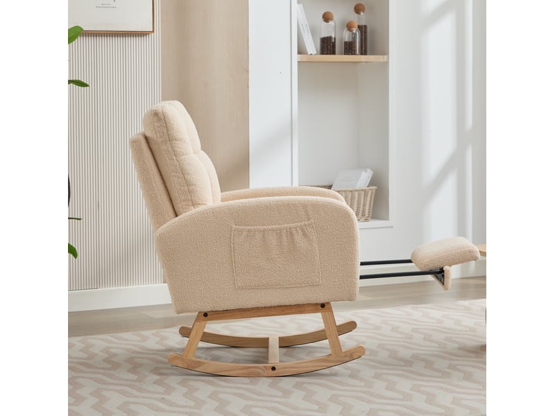  Fauteuil à bascule modenvie bouclette beige avec repose-jambes et poche latérale 132 x 50 x 99 cm  - Conforama E