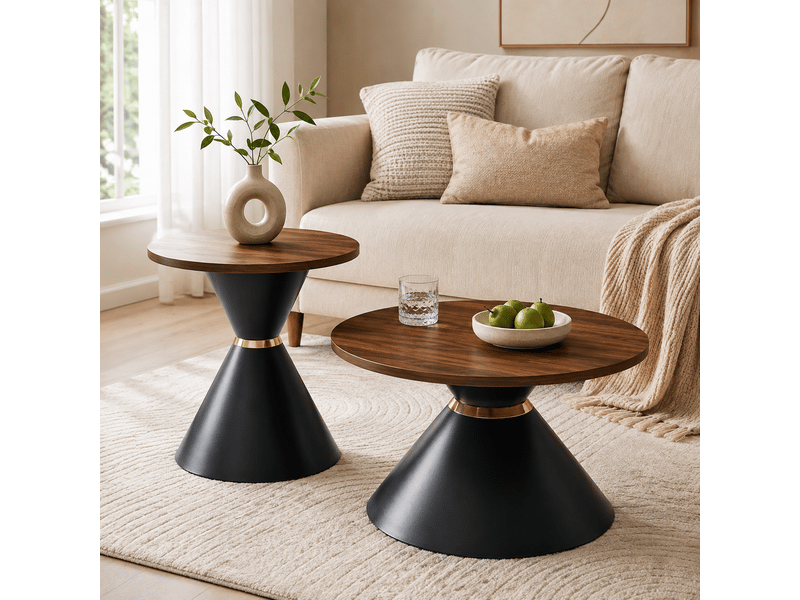  Lot de 2 tables basses rondes, effet noyer et base conique en métal noir, gain de place  - Conforama B