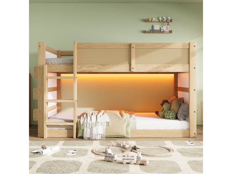  Lit mezzanine enfant 90x200 cm - avec échelle 3 marches, étagères de rangement, éclairage led et panneaux en rotin tressé - mdf - naturel et blanc  - Conforama D