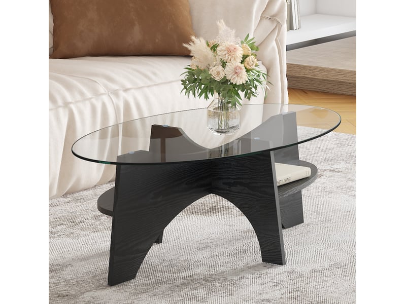  Table basse ulevr ovale avec tablette ouverte, verre de sécurité transparent 104,9 x 60 x 35,6 cm, mdf aspect bois noir  - Conforama B