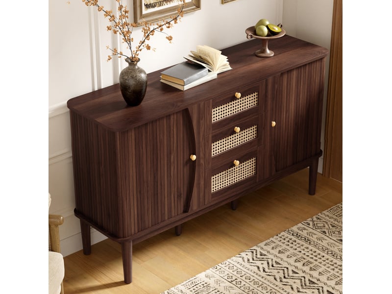  Buffet 141 x 40 x 77 cm – noyer foncé – 3 tiroirs en rotin, portes coulissantes et étagères réglables  - Conforama B