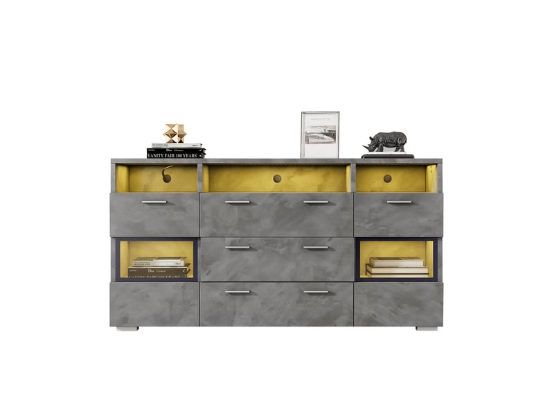  Buffet bas ulevr 140 cm avec rangement et led contrôlées par application, 2 portes en acrylique transparent, 3 tiroirs, gris  - Conforama A